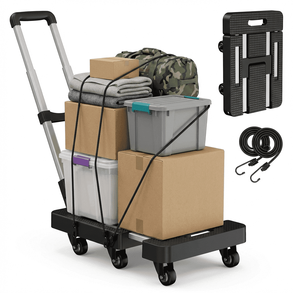 Folding Hand Truck, 500 lbs Heavy Duty Luggage Dolly, 6-Wheel Foldable Cart with 2 Ropes for Travel, Home, Office, Moving Use - Black
