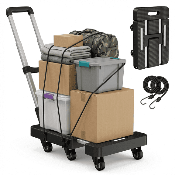 Folding Hand Truck, 500 lbs Heavy Duty Luggage Dolly, 6-Wheel Foldable Cart with 2 Ropes for Travel, Home, Office, Moving Use - Black