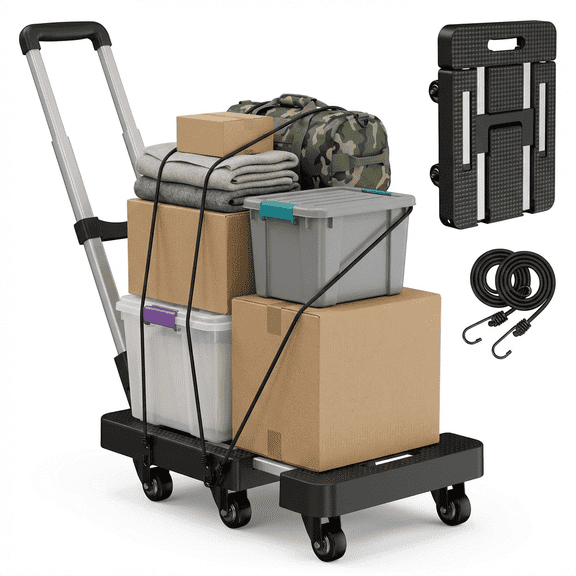 Folding Hand Truck, 500 lbs Heavy Duty Luggage Dolly, 6-Wheel Foldable Cart with 2 Ropes for Travel, Home, Office, Moving Use - Black