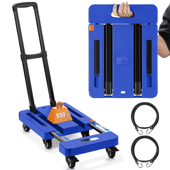 Folding Hand Truck, Heavy Duty Dolly Cart for Moving, 550 LBS Hand Truck With 6 Wheels & 2 Ropes for Luggage, Moving, Shopping, Office Use
