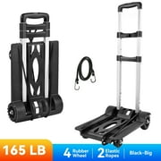 Folding Hand Truck Iron Tube Pull Rod Cart Foldable Dolly with 4 Wheels Utility Lightweight Expandable Large Foldable into Backpack, Portable Luggage Cart for Airport Travel-Big