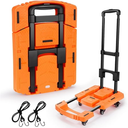 Folding Hand Truck, Portable Heavy Duty Dolly, 6 Wheels Collapsible Luggage Cart with 2 Elastic Ropes - Compact Trolley for Easy Moving - Ideal Hand Cart for Travel and More