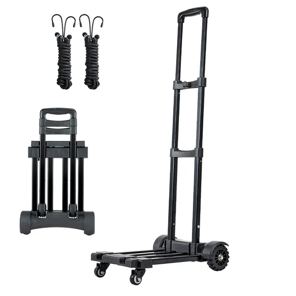 Folding Hand Truck with 290lbs Capacity,Collapsible Luggage Cart,4 Wheels,2 Elastic Ropes,Expandable Base for Travel and Moving,Black