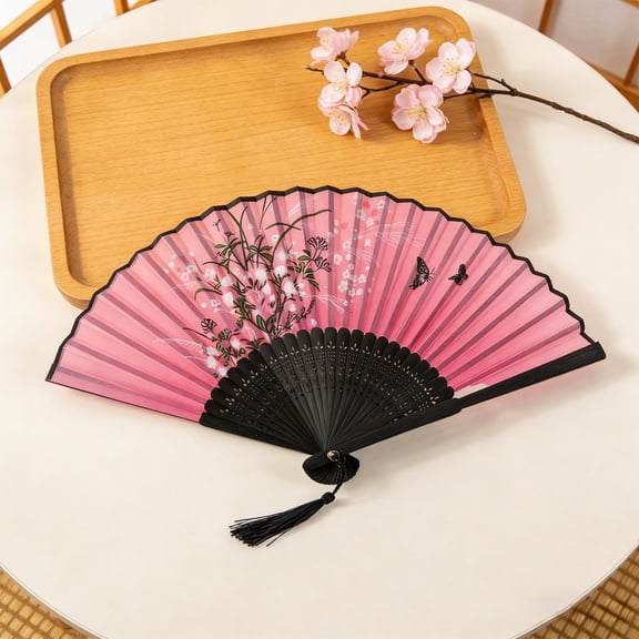 Folding Hand Wooden and Silk Fabric Vintage Chinese Style with Tassel for Summer Cooling, Weddings, Dance, Stage Props and Home Decoration