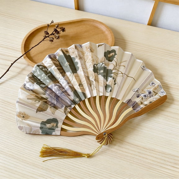 Folding Hand with Silk Fabric and Wooden Frame for Summer Weddings, Cultural Events, Stage Props