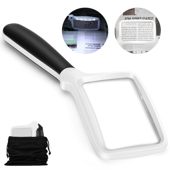 Folding Handheld Magnifying Glass with Light, Large Rectangle Reading Magnifier, Dimmable for Seniors with Macular Degeneration, Newspaper, Books, Small Print, Lighted for Low Visions