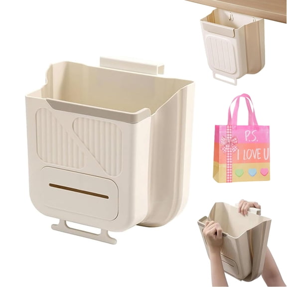 Folding Hanging Kitchen Waste Trash Can, Multifunctional Wall-Mounted Trash Can, Waste Storage Box, Large Capacity, Easy to Clean, for Cabinet Kitchen Bathroom Use (Creamy White)