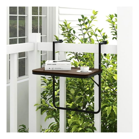 Folding Hanging Table - 3-Level Adjustable Height Patio Balcony Railing Table - Space Saving Foldable Outdoor Side Table - Black/Coffee - 24" x 16"