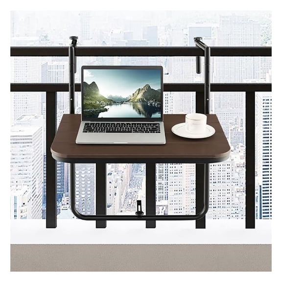 Folding Hanging Table for Patio, Balcony - Adjustable Height Side Table - Space Saving Outdoor Railing Table - Black/Coffee