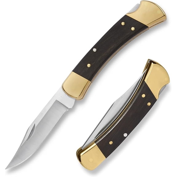 Folding Hunter Knife with 3-3/4" Blade, Ebony Handle, Brass Bolsters, 420HC Stainless Steel Blade, Sheath Included, 7.2 oz