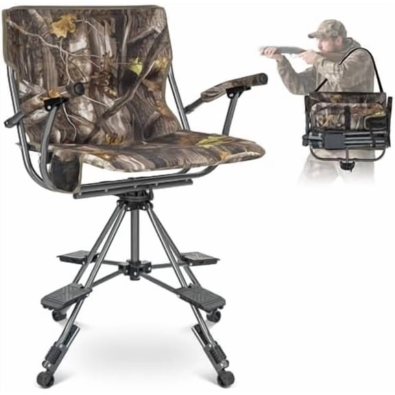 Folding Hunting Chair for Blinds 360 Degree Silent Swivel, 330LBS Capacity Portable Padded Cushion Hunting Seat with Armrest, 4 Legs Adjustable Height, Shoulder Strap, Cup Holder-CAMO$$Other
