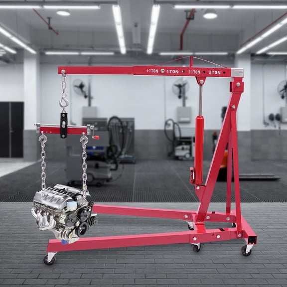 Folding Hydraulic Crane, 2T/4409lbs Max Load with 8T Hydraulic Pump, Carbon Steel Construction with 6 Casters, Includes Engine Leveler, Ideal for Automotive Repair Shops and Workshops.