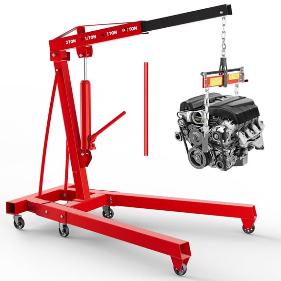 Folding Hydraulic Engine Hoist, 2 ton 4400 lbs, Engine Hoist with 360-Degree Swivel Casters, Red Steel 4-Position Crane for Auto Repair, Motor Removal and Workshop Maintenance