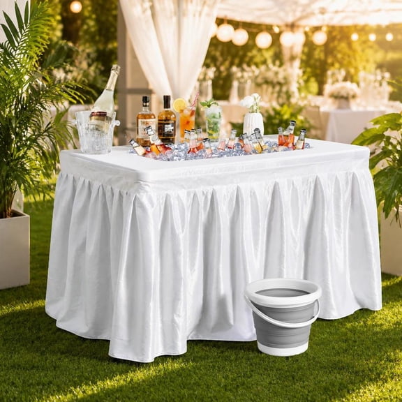Folding Ice Bin Table with Skirt, 4 Ft, White, Hdpe Tabletop, Metal Frame, Quick Drainage