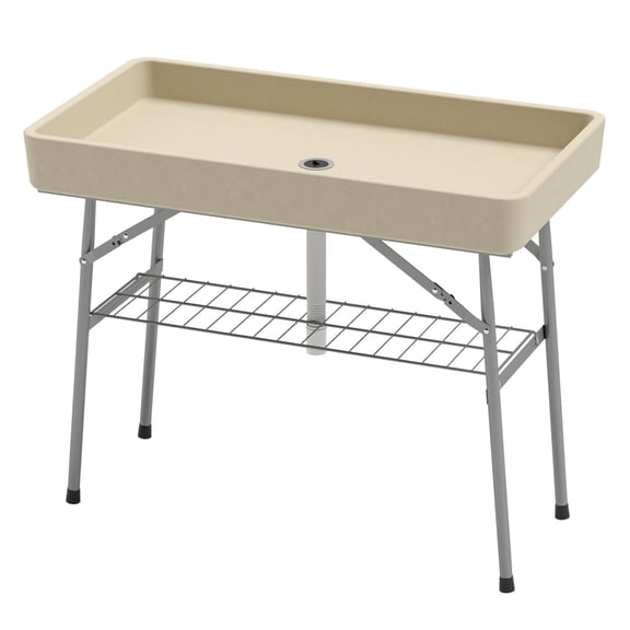 Folding Ice Cooler Table, 3.4ft Outdoor Drink Cooler Table with Drain & Shelf for Parties, Picnics, Camping, Tan