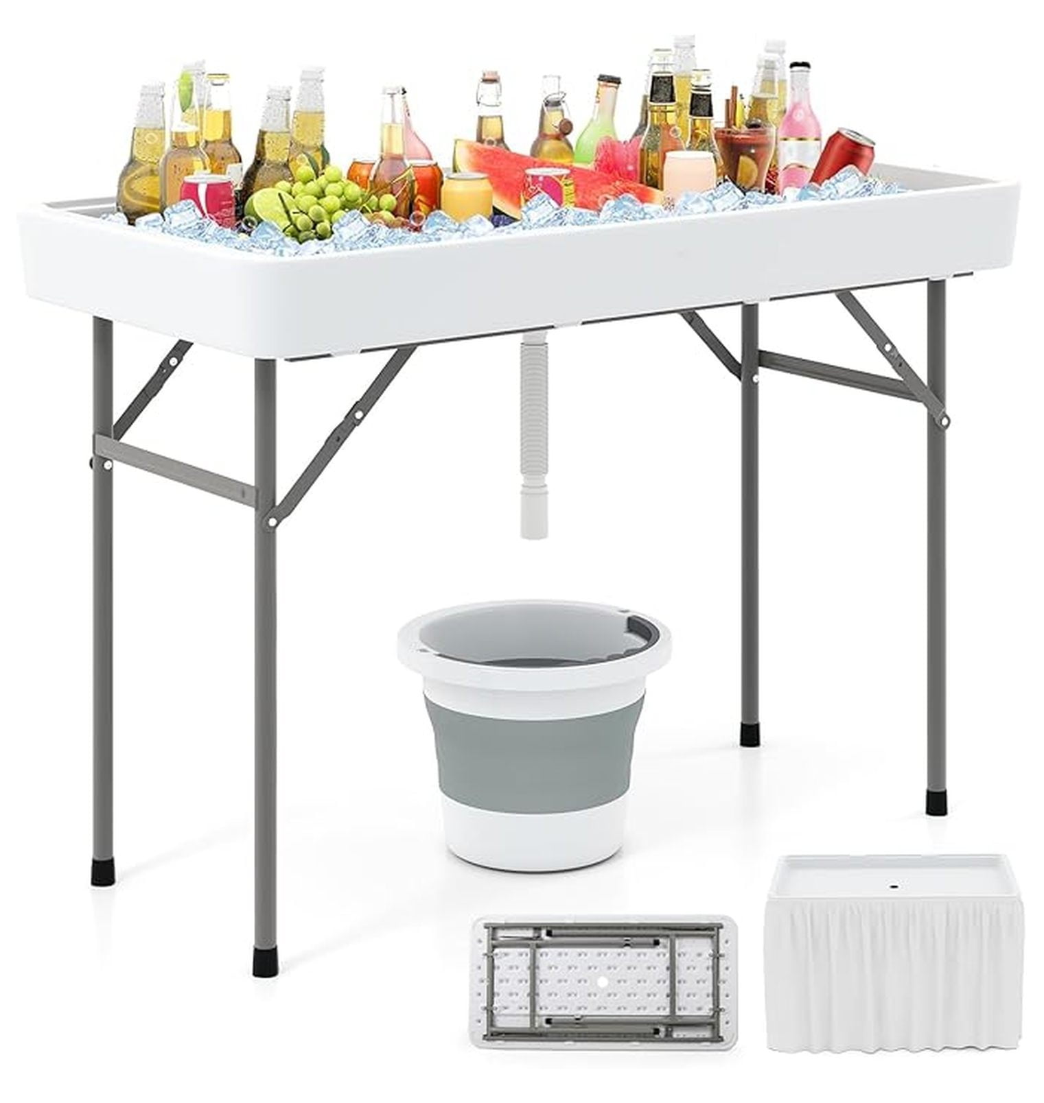 Folding Ice Cooler Table, 4 FT Portable Ice Table with Drain, Matching Skirt & Foldable Bucket, Buffet Beverage Server for Party, Picnic, Camping