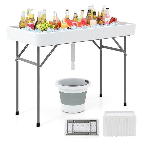 Folding Ice Cooler Table, 4 FT Portable Ice Table with Drain, Matching Skirt & Foldable Bucket, Buffet Beverage Server for Party, Picnic, Camping