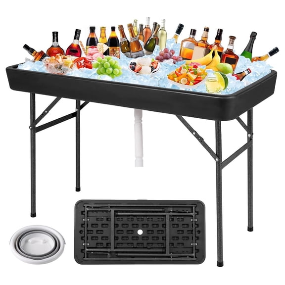 Folding Ice Cooler Table with Matching Skirt, Drain Hose & Bucket, Foldable Beverage Cooler Buffet Cooler Server, Portable Chill Table for Party, Picnic, BBQ, Camping (Black)