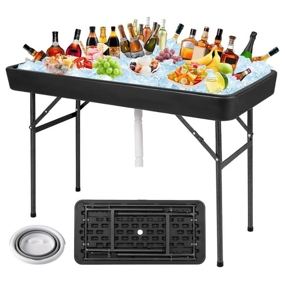 Folding Ice Cooler Table with Matching Skirt, Drain Hose & Bucket, Foldable Beverage Cooler Buffet Cooler Server, Portable Chill Table for Party, Picnic, BBQ, Camping (Black)