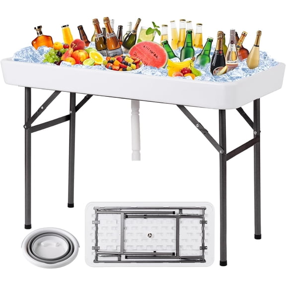 Folding Ice Cooler Table with Matching Skirt, Drain Hose & Bucket, Foldable Buffet Beverage Cooler Server, Portable Chill Table for Party, Picnic, BBQ, Camping (White)