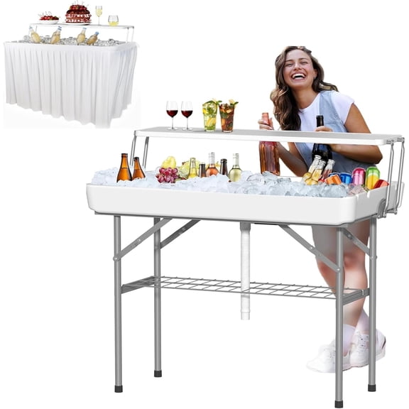 Folding Ice Cooler Table ,Portable Folding Kids Cooler Table Drain & Extra Storage Shelf Double-Layer Bar Table with Skirt Parties, Weddings, Camping White
