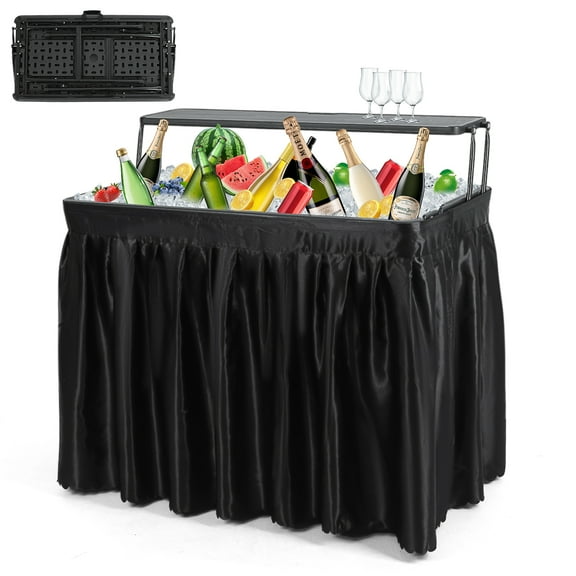 Folding Ice Table, Party Cooler, Table with Drain, Party Table, Cooler Table, Fishing Cleaning Table, with Detachable Matching Skirt (Black)