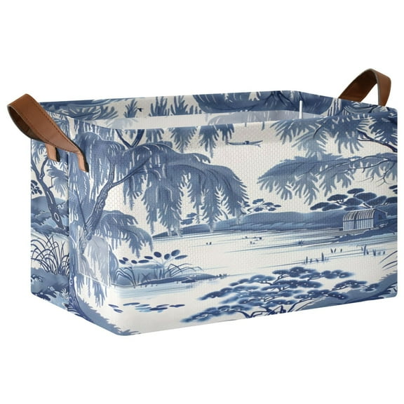 Folding Iron Frame Storage Basket 16.9*11.4*10Inch X2 Storage Basket Open Home Storage Bins Shelf Baskets Storage Box Large Foldable Blue Willow