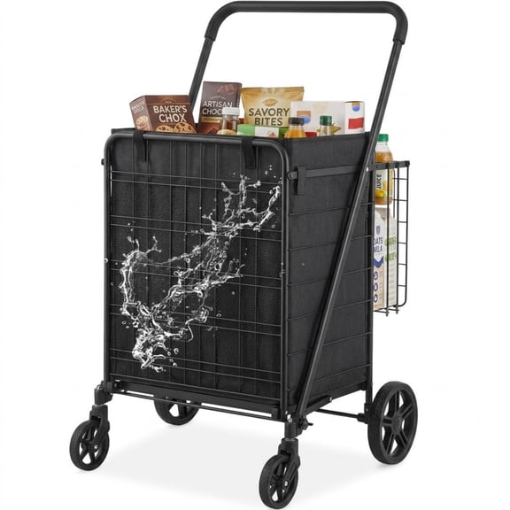 Folding Jumbo Shopping Cart with Dual Basket and Waterproof Liner, 210 lbs Capacity Heavy Duty Utility Grocery Cart with 360 Swivel Wheels