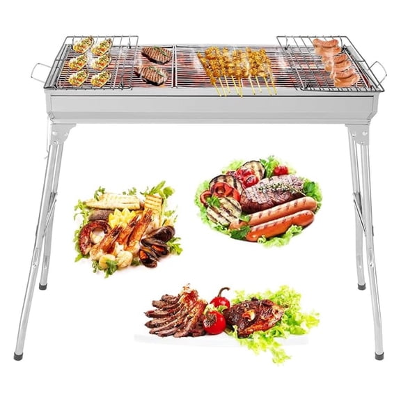 Folding Kabob Grill Stainless Steel, Foldable Barbecue Charcoal Grill, Kebab Grill for Camping Picnic Backyard Grilling Tailgating (28 x 13 x 27.5 inch)