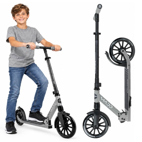Madd Gear Metro Cruise 250 Folding Kick Scooter – 200mm Wheels, Suspension, Adjustable Handlebar – Teens & Adults, Black/Gray
