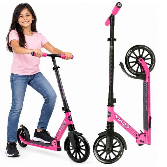 Madd Gear Metro Cruise 250 Folding Kick Scooter with Suspension, 200mm Wheels, Adjustable Handlebar, Black Pink