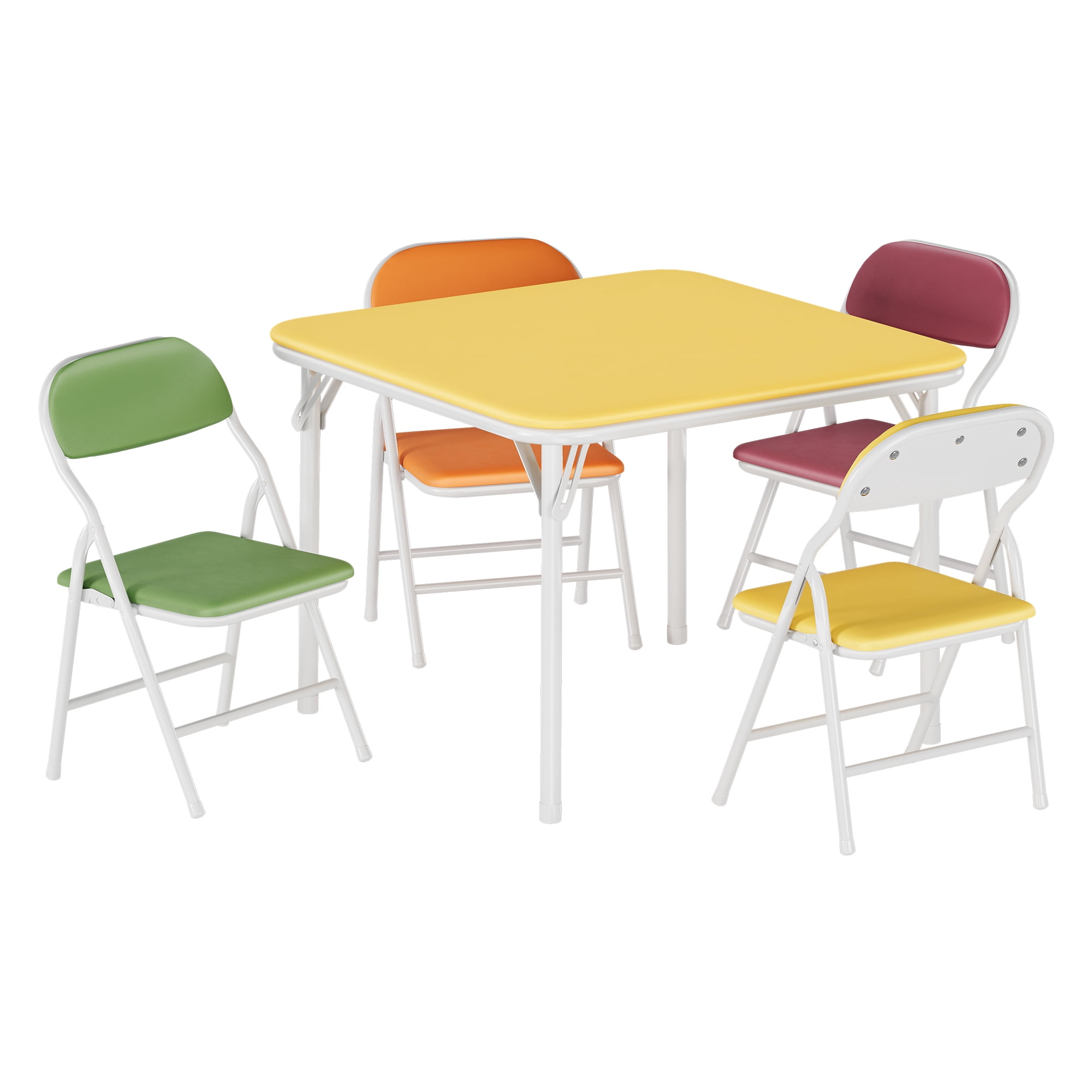 Folding Kids Table and 2 Chairs Set - Upholstered Card Table with Soft PU Cushions - Sturdy Metal Frame, Portable Design for Dining Room, Daycare, or Study Room, 1+4 Multicolor