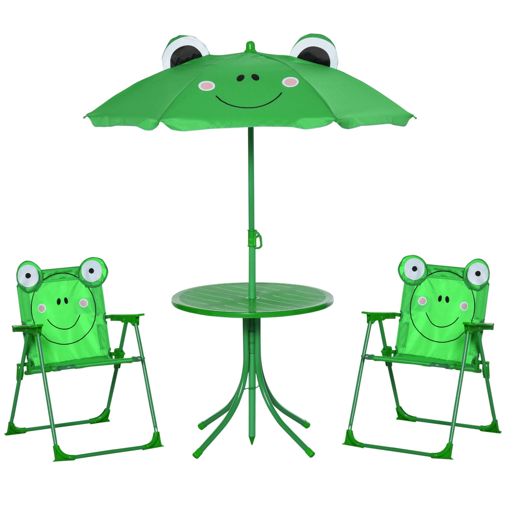 Folding Kids Table and Chair Set, Picnic Table with Frog Pattern Removable & Height Adjustable Sun Umbrella for Garden, Backyard, Green