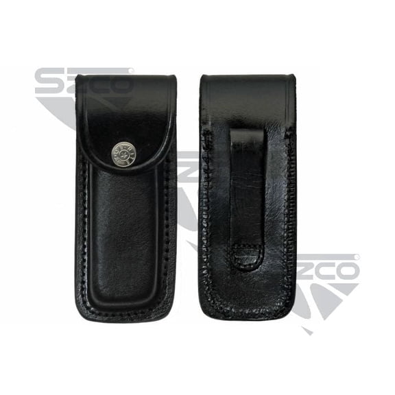 SZCO 5" Black Top Grain Leather Sheath for Folding Knife Snap Button with Belt Carry Design