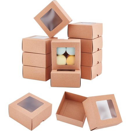 Folding Kraft Paper Cardboard Jewelry Gift Boxes with PVC Visible Window Square BurlyWood Finished Product: 10x10x5cm