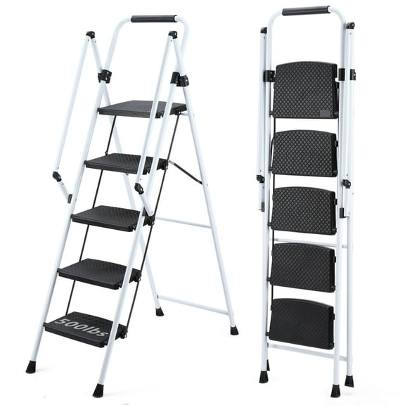 Folding Ladder Stool White Steel 5 Steps Lightweight Portable Ergonomic Design Anti Slip Safe Handle - Multi-Purpose Steel Ladder Stool for Indoor/Outdoor Use