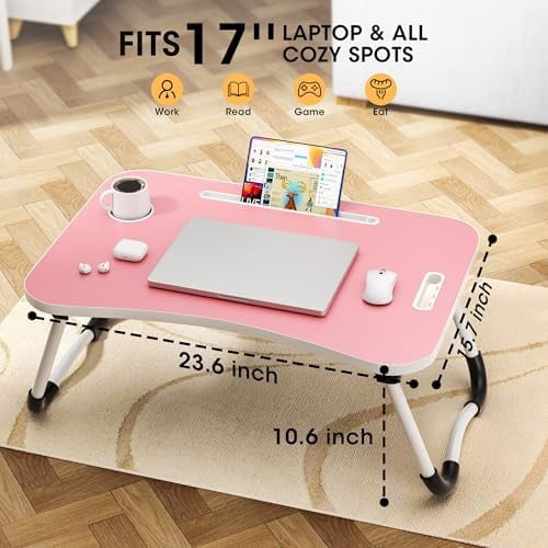 Folding Lap Desk, 23.6 Inch Wood Laptop Bed Desk with Cup Holder, Portable Bed Table for Working Writing Reading & Eating for Bed, Sofa, Couch, Floor - Pink