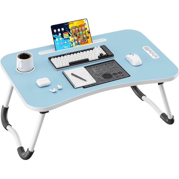 Folding Lap Desk, 23 Inch Portable Wood Black Laptop Bed Desk Lap Desk with Cup Holder, for Working Reading Writing, Eating, Watching Movies for Bed Sofa Couch Floor-Blue