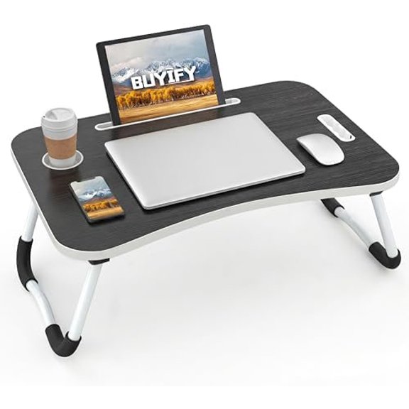 Folding Lap Desk, 23 Inch Portable Wood Black Laptop Bed Desk Lap Desk with Cup Holder, for Working Reading Writing, Eating, Watching Movies for Bed Sofa Couch Floor