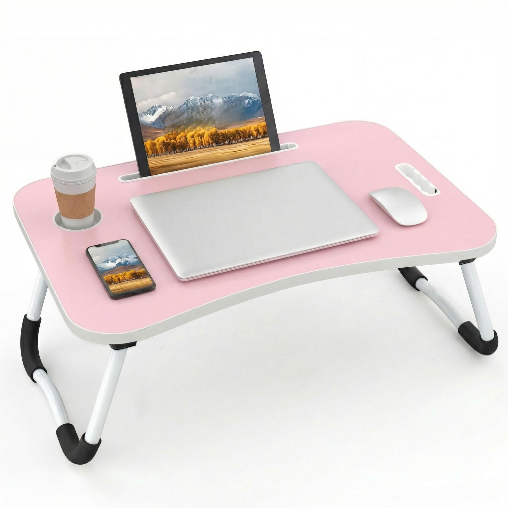 Folding Lap Desk  23 Inch Portable Wood Blue Laptop Bed With Cup Holder For Working Reading Writing Eating Watching Movies Sofa Couch Floor -new008 Pink