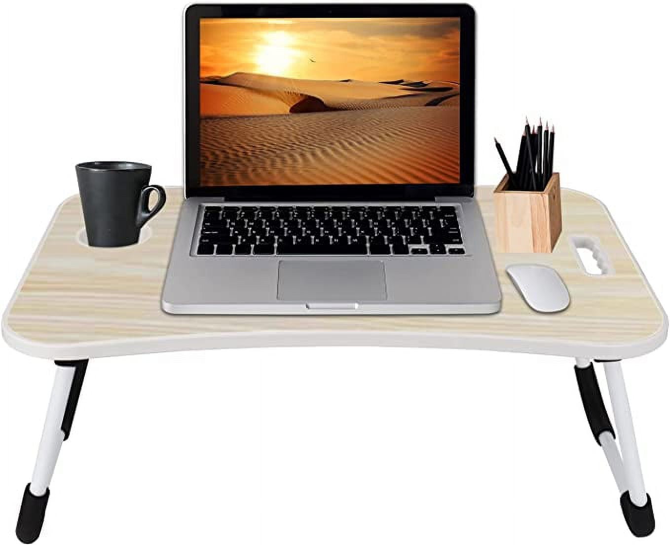 Folding Lap Desk for Bed and Sofa - Portable Wide Surface Bed Desk with Built-in Cup Holder and Tablet or Phone Slot for Working, Studying, Eating, and Watching Movies (Beige)