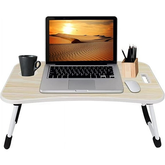 Folding Lap Desk for Bed and Sofa - Portable Wide Surface Bed Desk with Built-in Cup Holder and Tablet or Phone Slot for Working, Studying, Eating, and Watching Movies (Beige)