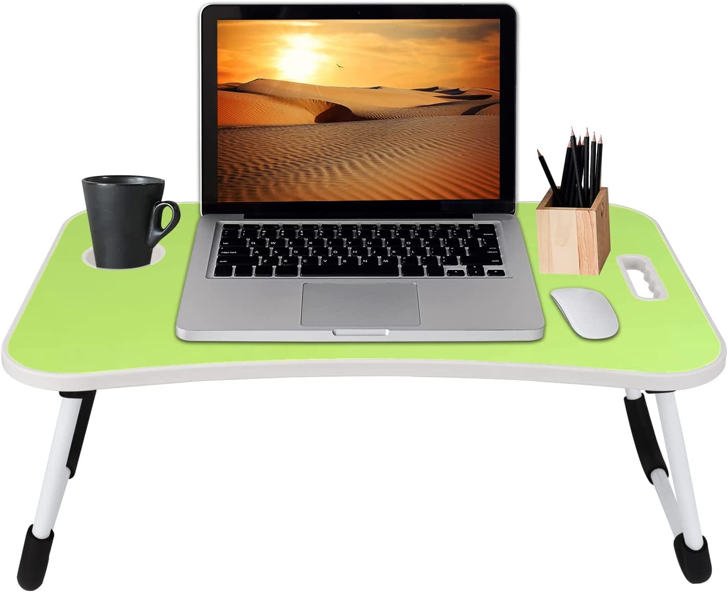 Folding Lap Desk for Bed and Sofa - Portable Wide Surface Bed Desk with Built-in Cup Holder and Tablet or Phone Slot for Working, Studying, Eating, and Watching Movies (Green)