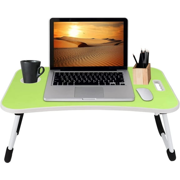 Folding Lap Desk for Bed and Sofa - Portable Wide Surface Bed Desk with Built-in Cup Holder and Tablet or Phone Slot for Working, Studying, Eating, and Watching Movies (Green)