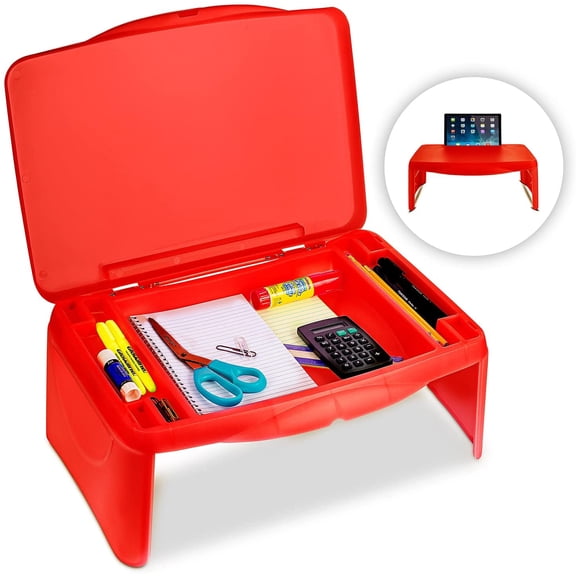 Folding Lap Desk, Laptop Desk, Breakfast Table, Bed Table, Serving Tray - The lapdesk Contains Extra Storage Space and dividers & Folds Very Easy, Great for Kids, Adults, Boys, Girls, (Red)
