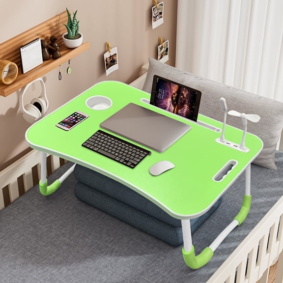 Folding Laptop Bed Table with LED Lights, Storage Drawers & Shelves - Portable Bed Tray for Reading, Writing & Work