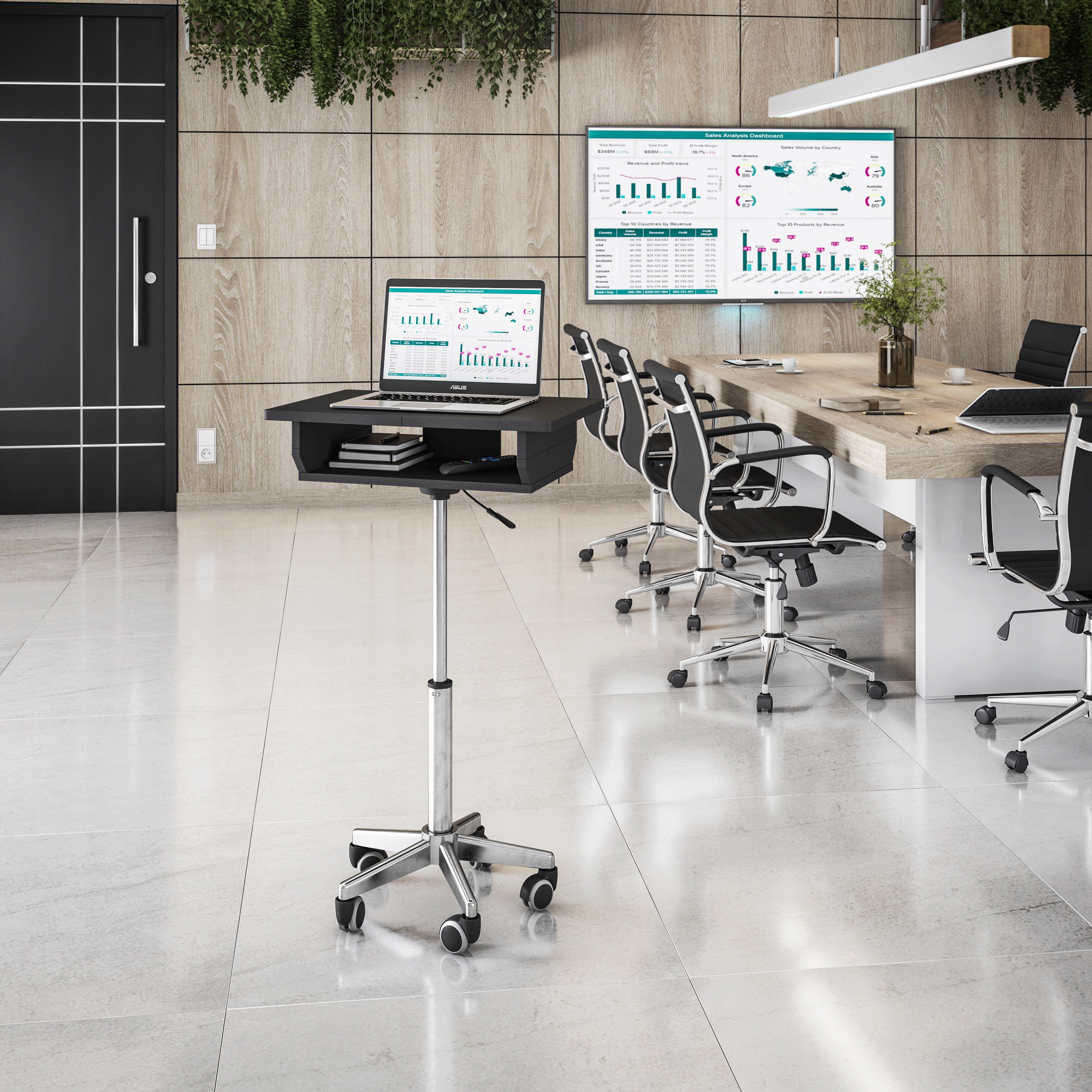 Folding Laptop Cart, Height Adjustable Chromed Steel Frame Desk, Foldable Panels for Extra Workspace, MDF Panel Mobile Laptop Table