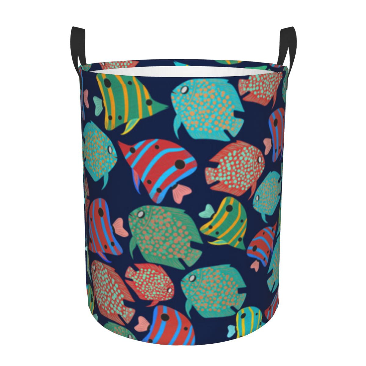 Folding Laundry Basket Colorful Fishes Round Storage Bin Large Hamper ...