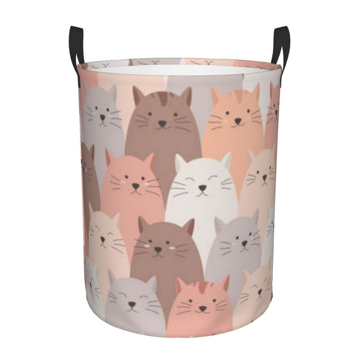 Folding Laundry Basket Cute Faces Of Cats With Mustaches Round Storage ...