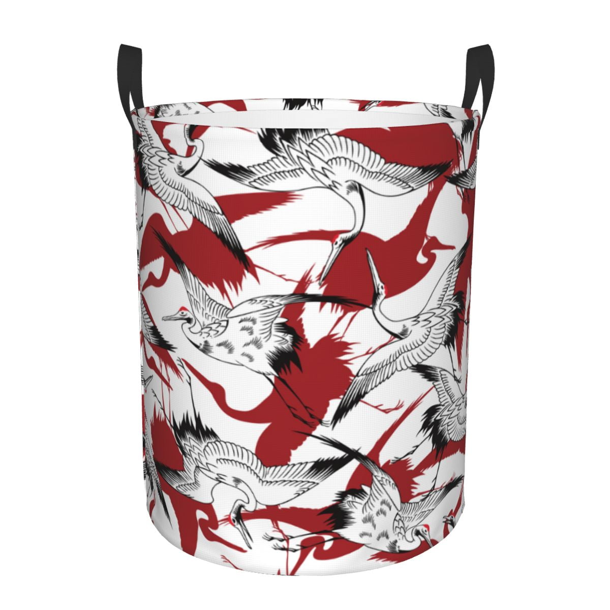 Folding Laundry Basket Japanese Crane With Red Round Storage Bin Large ...